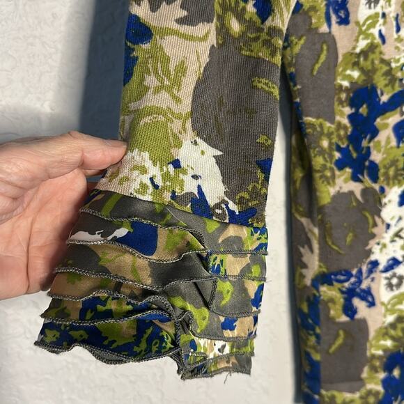 Vintage Green Camo Ruffle Full Zip Cardigan Twelve By Twelve LA Indie Artsy Boho - Picture 2 of 6